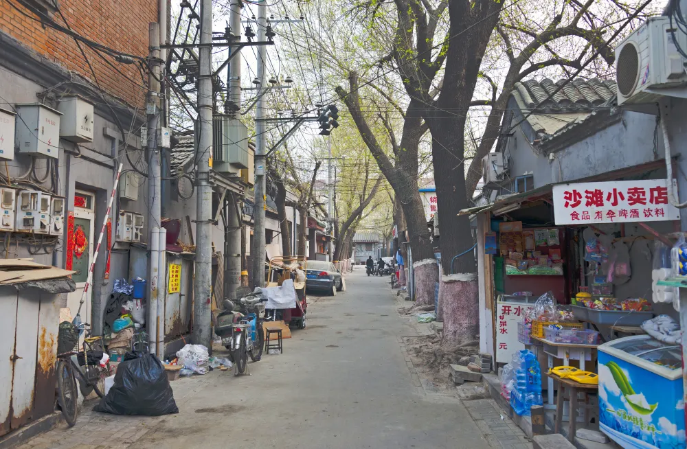 Small shops, homes and trees along Yinzha Hutong in Beijing