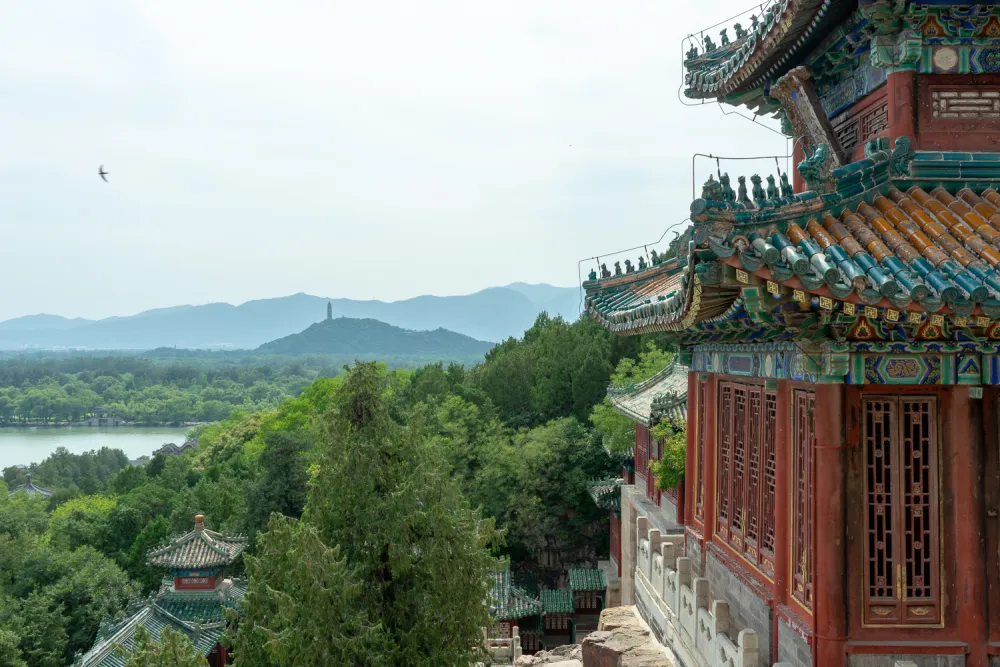 Decorated Summer Palace rooflines above trees and Kunming Lake