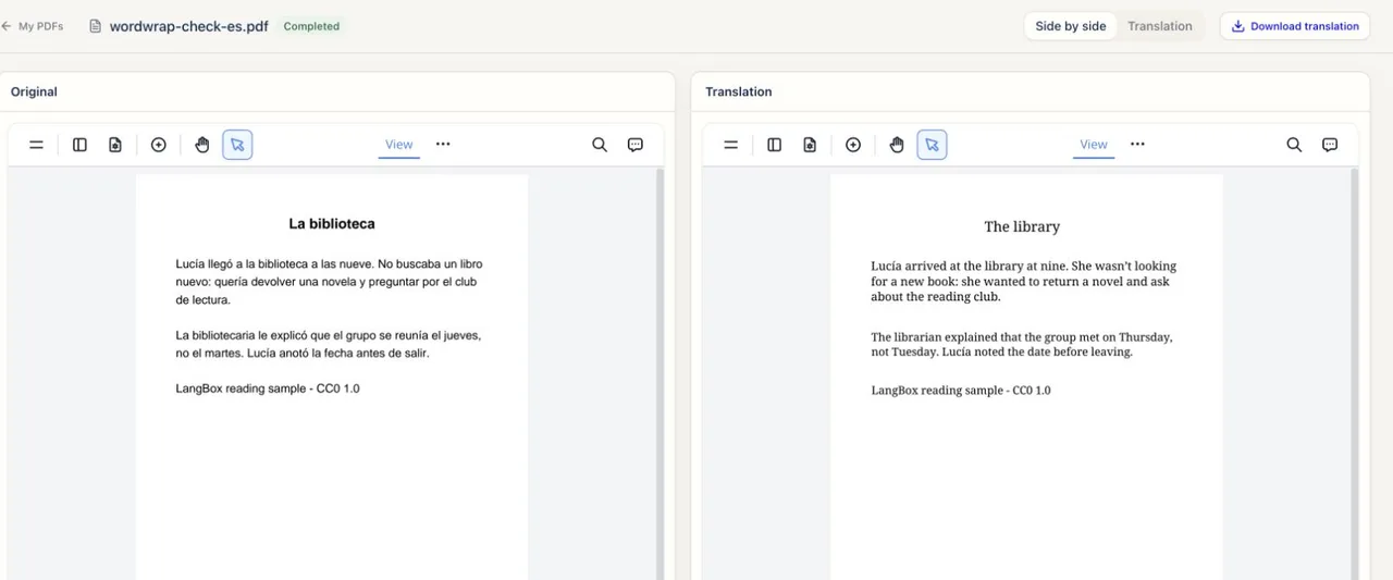 A Spanish PDF and its English translation side by side in the bilingual PDF reader.