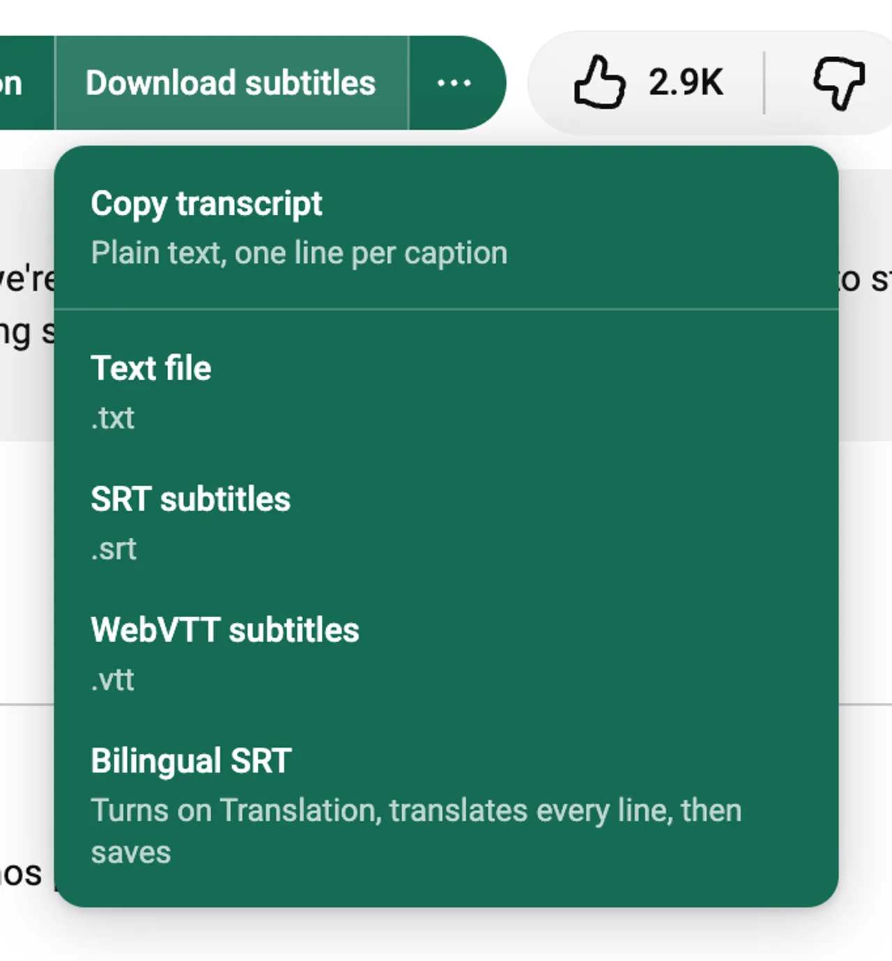 LangBox subtitle download menu with TXT, SRT, WebVTT and bilingual SRT options.