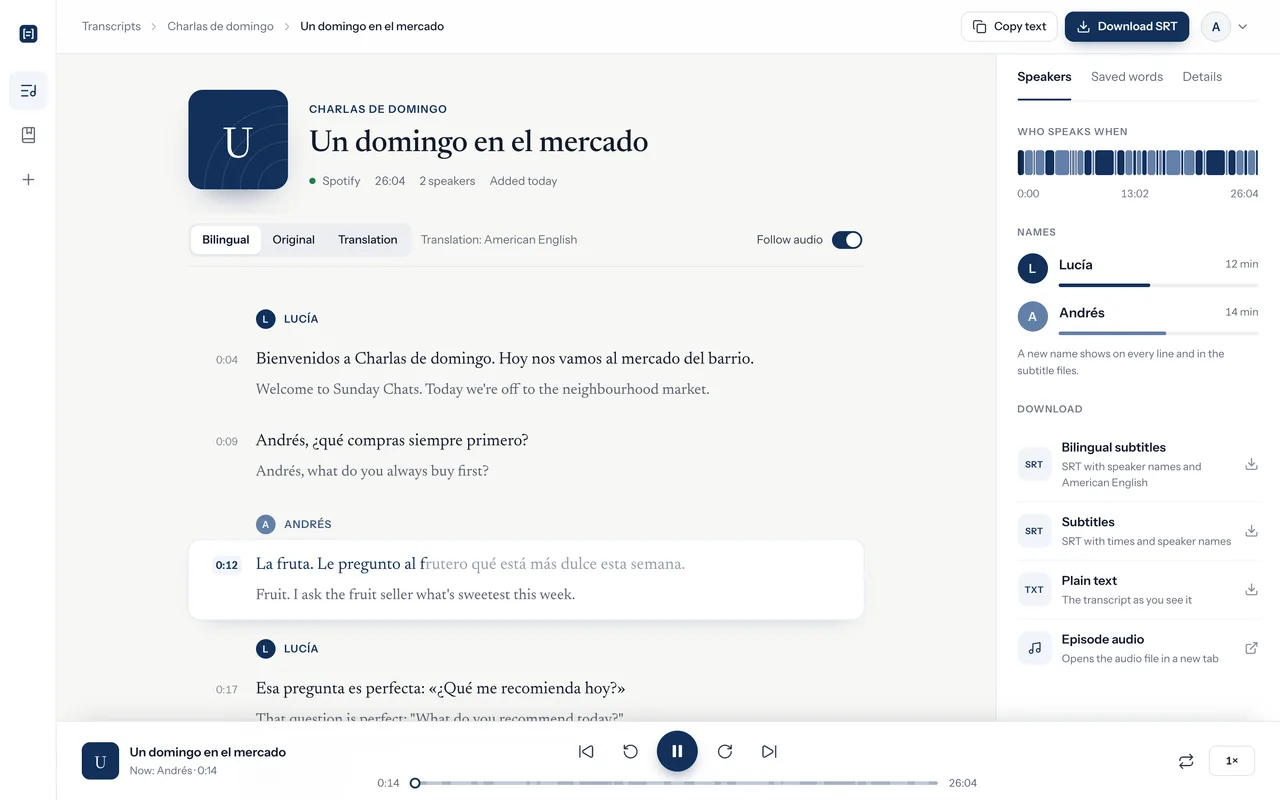 LangBox podcast player showing a transcript with speaker tags, translations, and current line highlighting