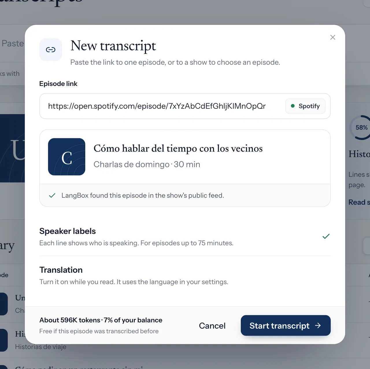 Import window showing episode details, duration, and token cost