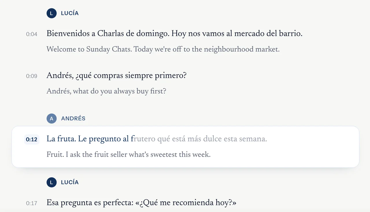 Podcast transcript view highlighting the current sentence alongside English translations