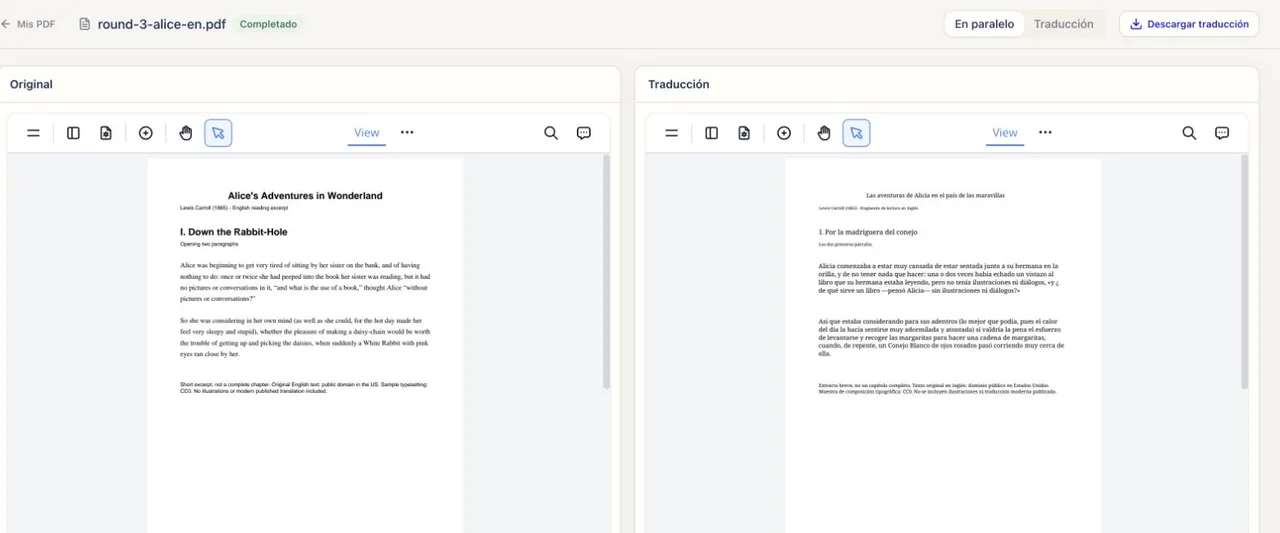 PDF original y traducción al español en el lector bilingüe.