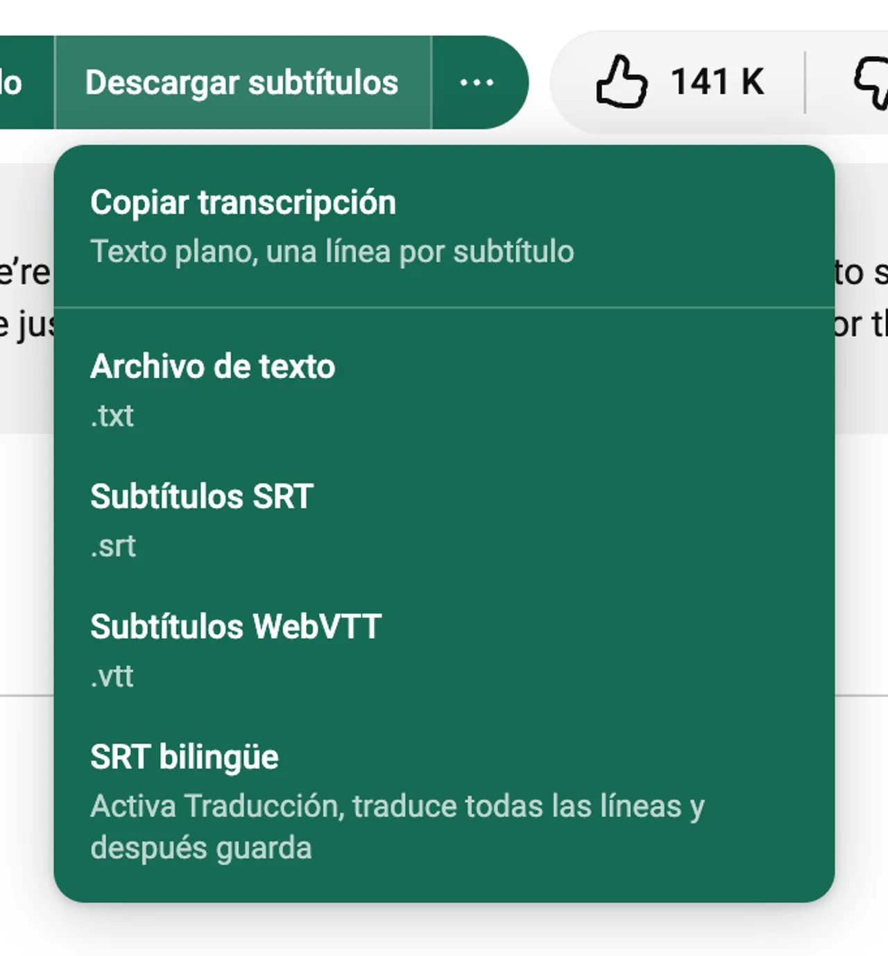 Menú de LangBox para descargar subtítulos TXT, SRT, WebVTT y SRT bilingüe.