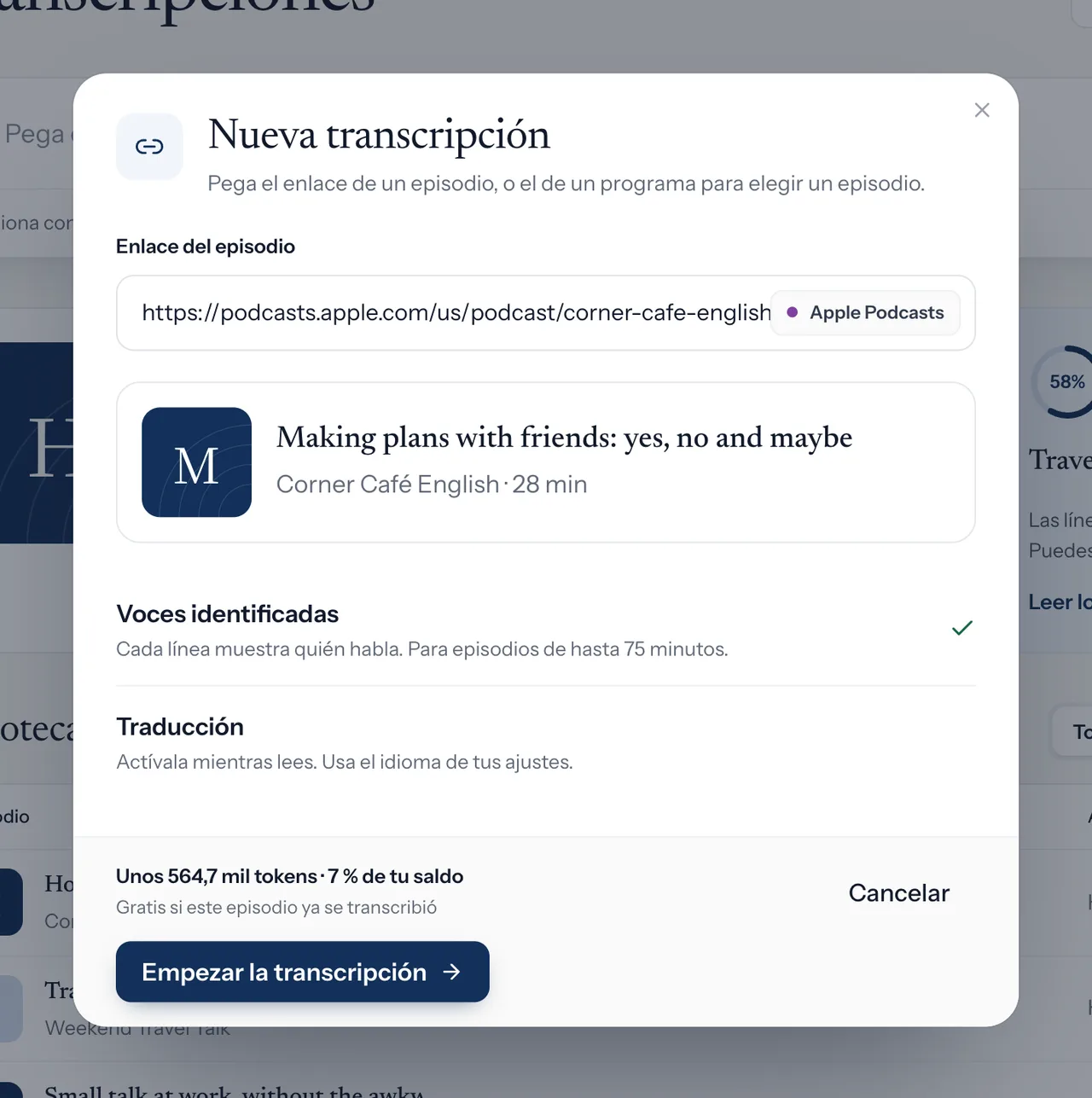 Cuadro de búsqueda con un enlace de pódcast pegado y los datos del audio