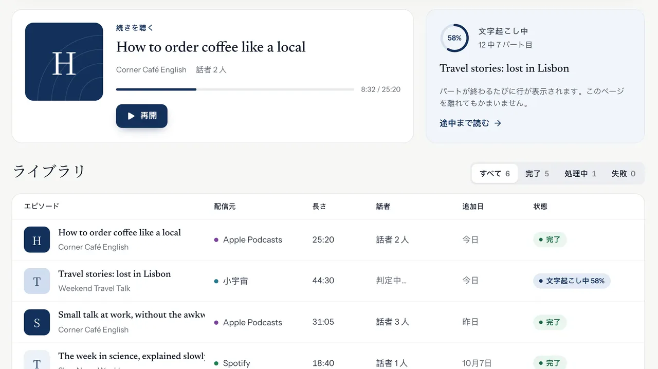 ライブラリ画面。最近聴いたエピソードや作成した文字起こしが番組ごとに並んでいる様子