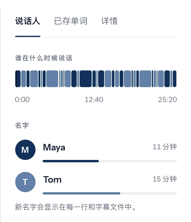 说话人编辑面板，显示发言时长与名字修改框