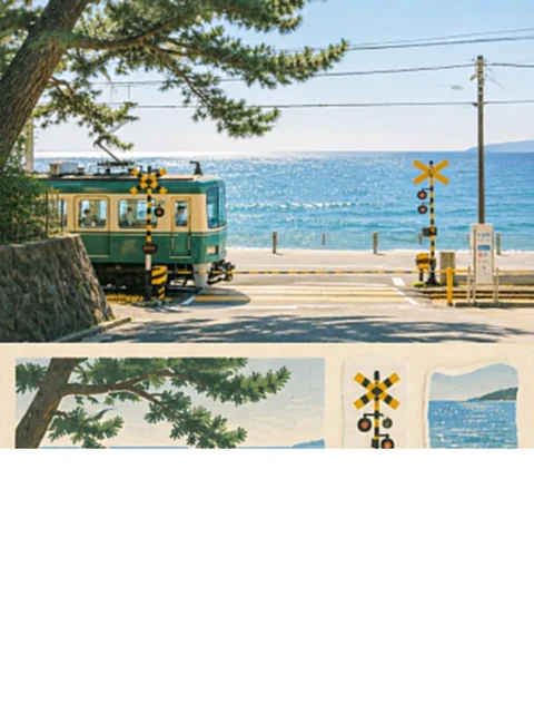 Original photo of a coastal train and railway crossing, with a tree framing the sea
