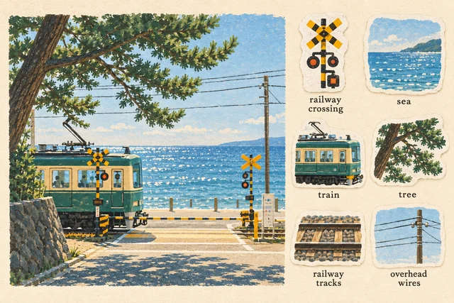 An illustrated coastal train scene on the left. Six stickers on the right labeled railway crossing, sea, train, tree, railway tracks, and overhead wires.