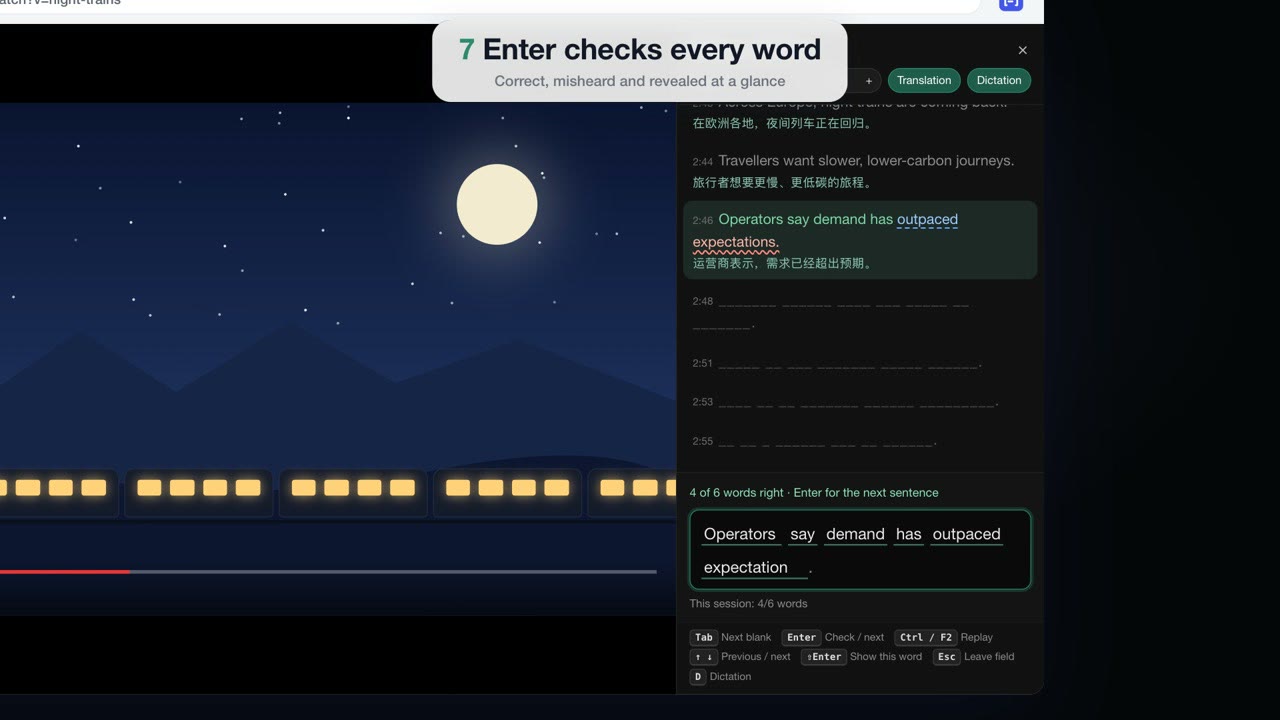 LangBox on a YouTube watch page: the video on the left and the bilingual transcript on the right, one sentence per line