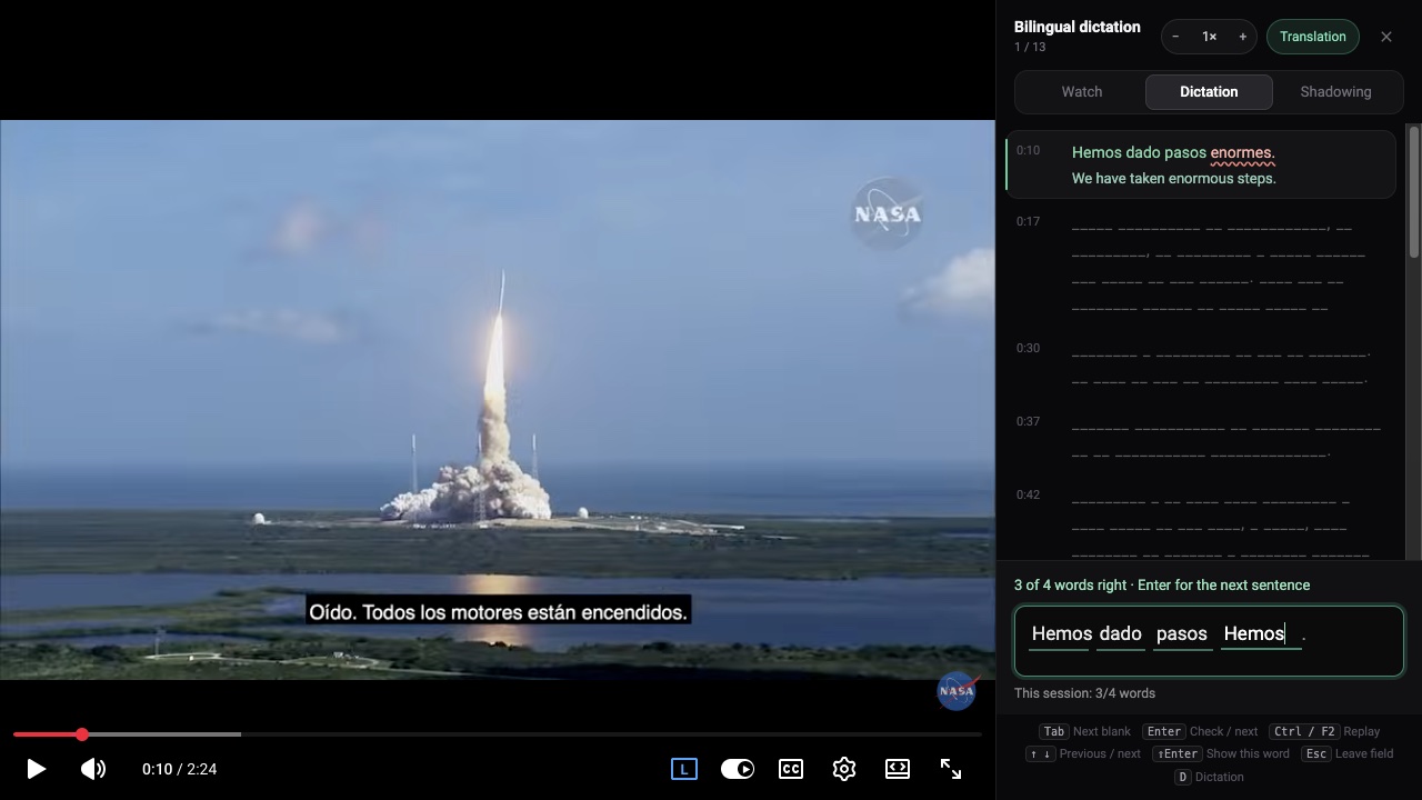 Dictation on a YouTube video: typed words are checked word by word