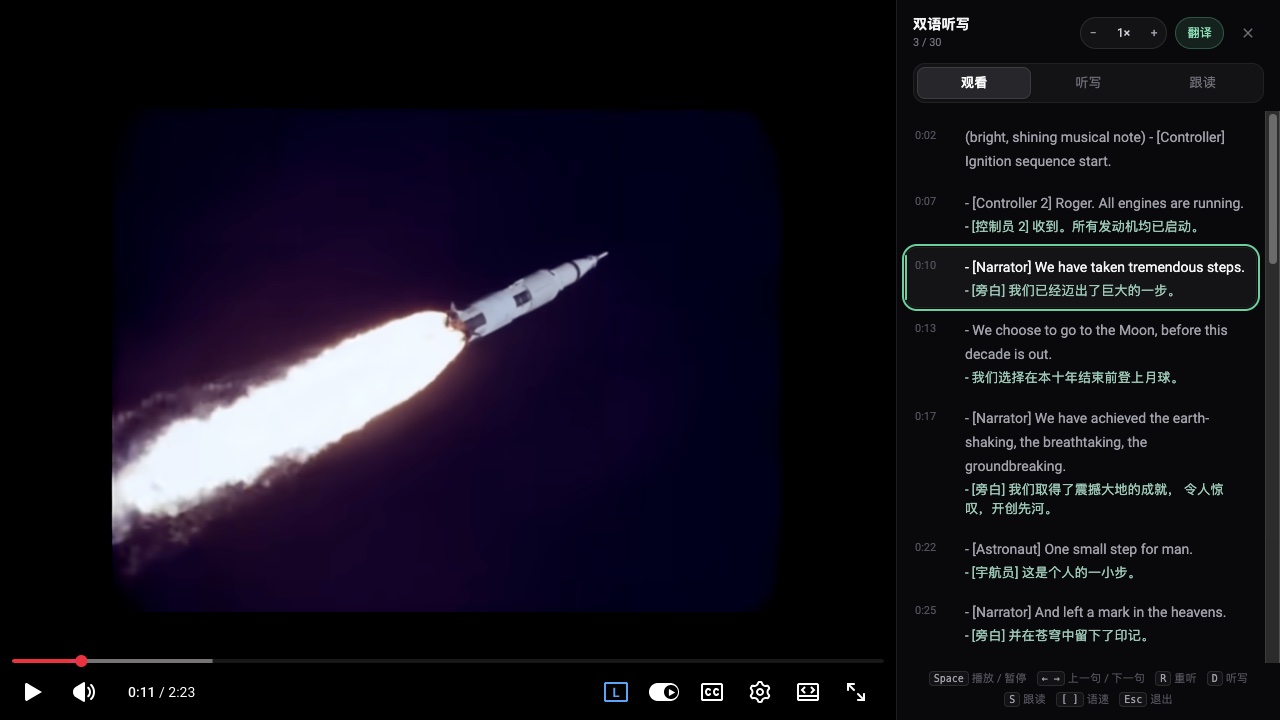 YouTube 视频旁边的双语文字记录